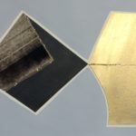 Edges CXXX, acrylic, emulsion, porcelain paint, 24 carat gold leaf, collage, 5.5in x 8in, 2020